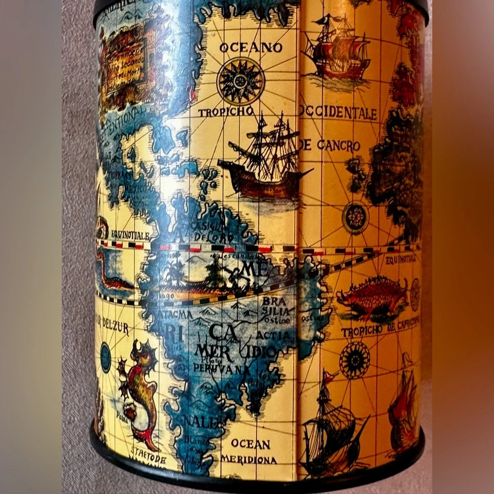 Vintage Metal Pencil Holder with 16th Century Italian/Dutch Map. Made in Japan